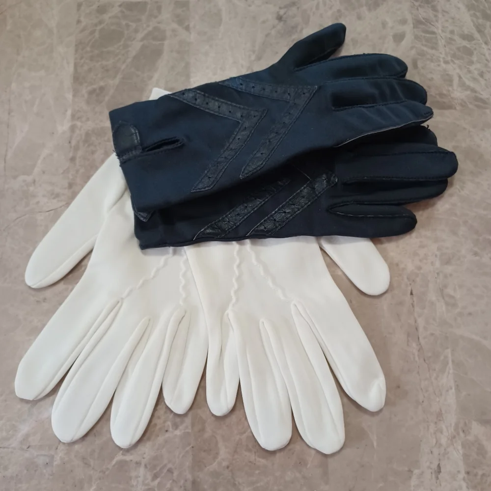 VTG 1950s/1960s Dress Gloves Two-Pair Lot Black Stitched & White Nylon Size 8